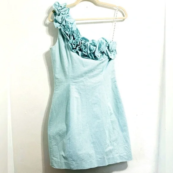 Lilly Pulitzer Vivienne One-Shoulder Light Blue Floral Appliqué Dress - Picture 4 of 10